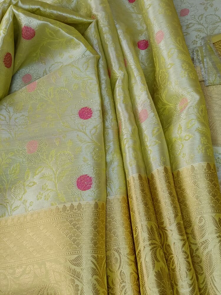 PASTEL YELLOW FLORAL TANCHUI BANARASI BROCADE SILK SAREE