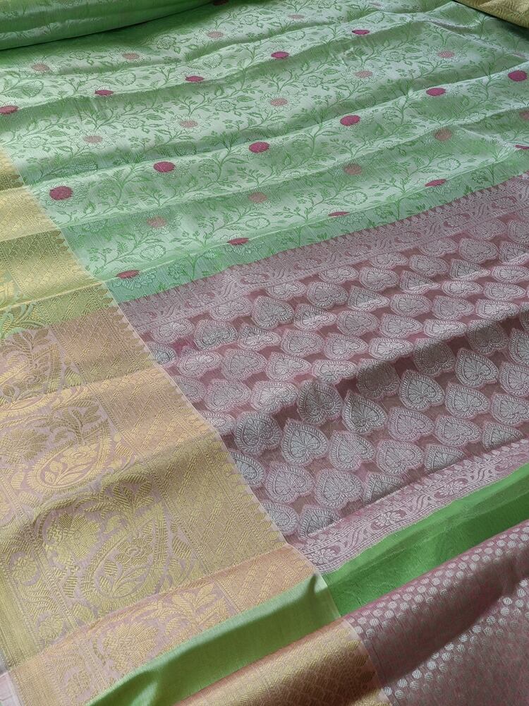 PASTEL GREEN FLORAL TANCHUI BANARASI BROCADE SILK SAREE