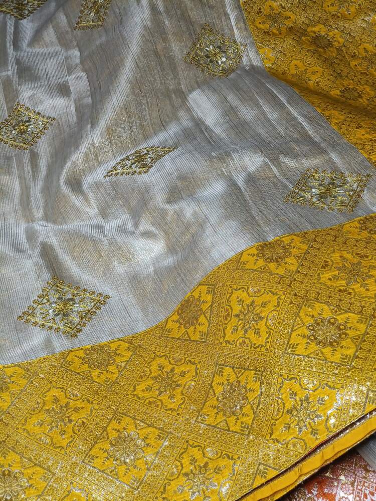 YELLOW PATCH WORK BANARASI TISSUE SILK SAREE