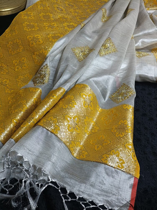 YELLOW PATCH WORK BANARASI TISSUE SILK SAREE