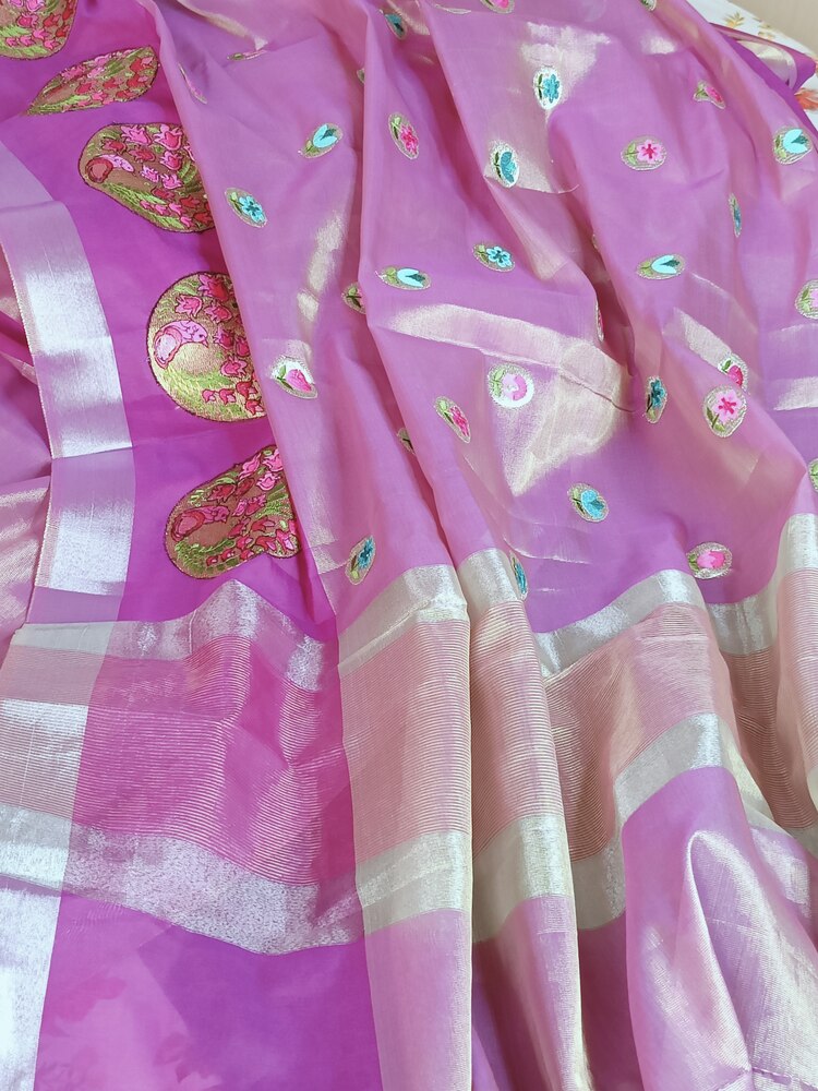 MAGENTA PINK EMBROIDERY BANARASI TISSUE SILK SAREE