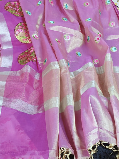 MAGENTA PINK EMBROIDERY BANARASI TISSUE SILK SAREE