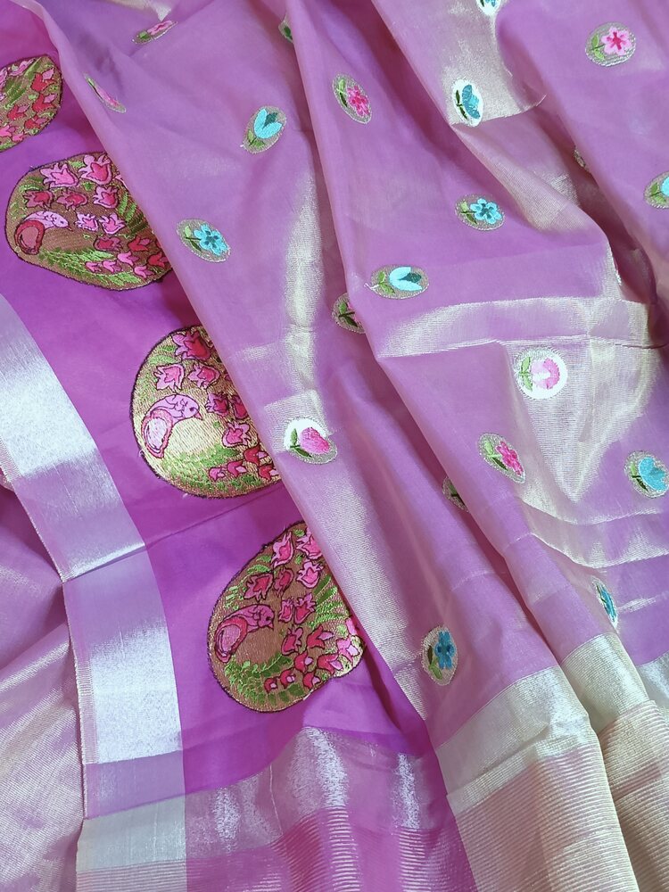 MAGENTA PINK EMBROIDERY BANARASI TISSUE SILK SAREE