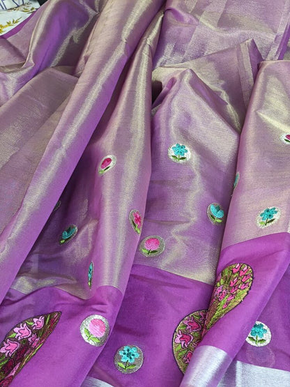 MAGENTA PINK EMBROIDERY BANARASI TISSUE SILK SAREE