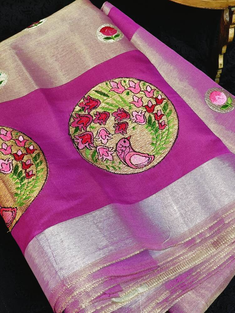 MAGENTA PINK EMBROIDERY BANARASI TISSUE SILK SAREE