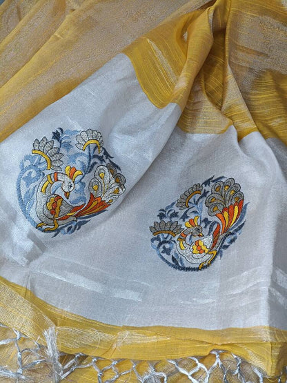 GOLDEN YELLOW EMBROIDERY BANARASI TISSUE SILK SAREE