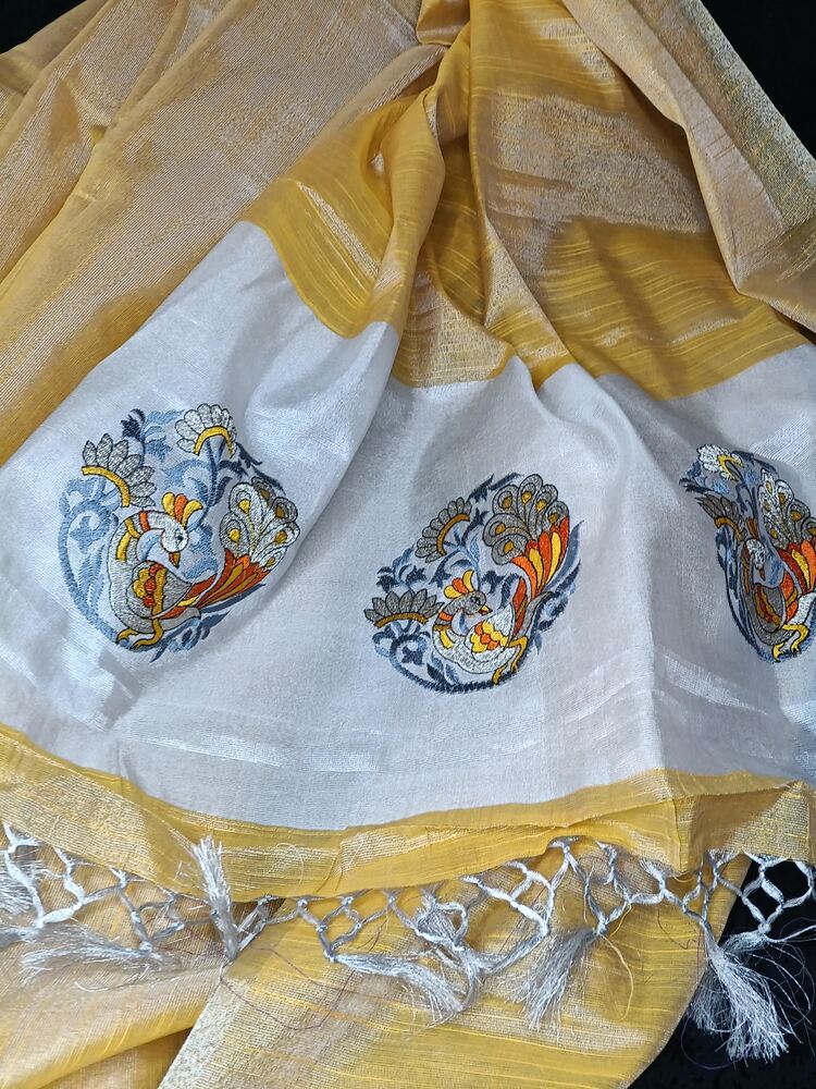 GOLDEN YELLOW EMBROIDERY BANARASI TISSUE SILK SAREE