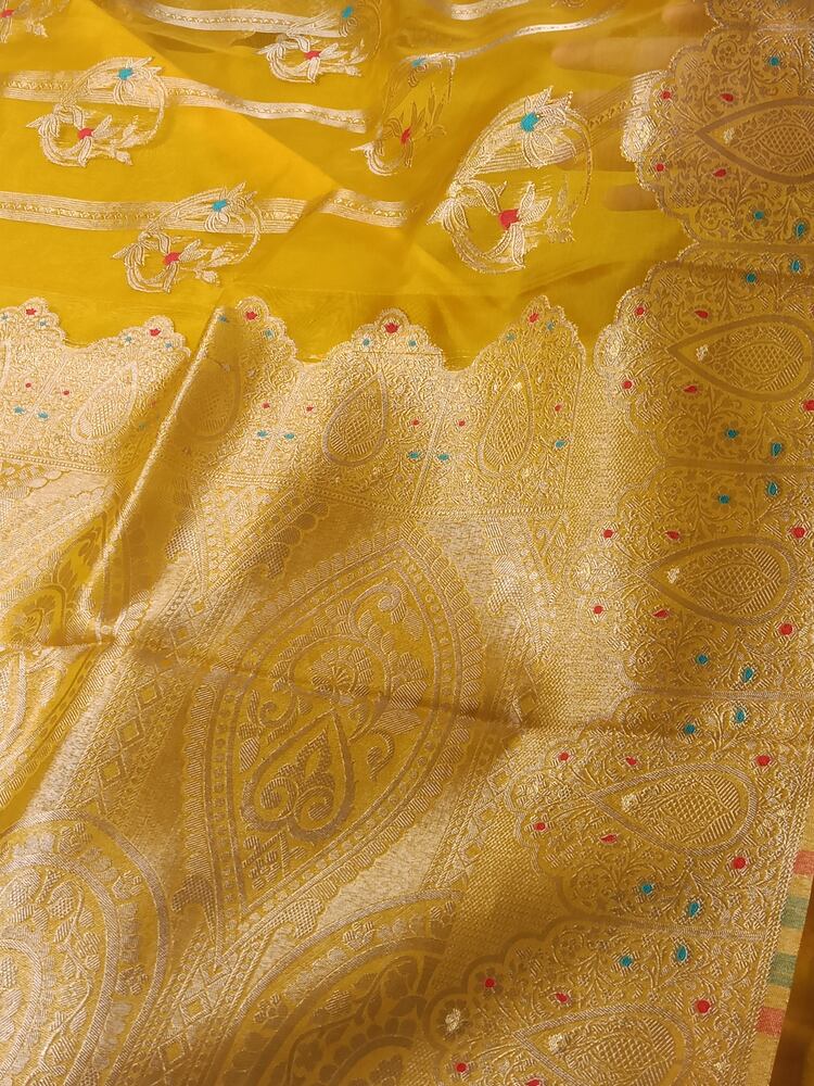 YELLOW MEENAKARI PARTY WEAR ORGANZA