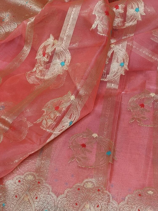 PEACH PINK MEENAKARI PARTY WEAR ORGANZA