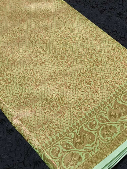 LIGHT GREEN FLORAL TANCHUI BANARASI SOFT BROCADE SILK SAREE