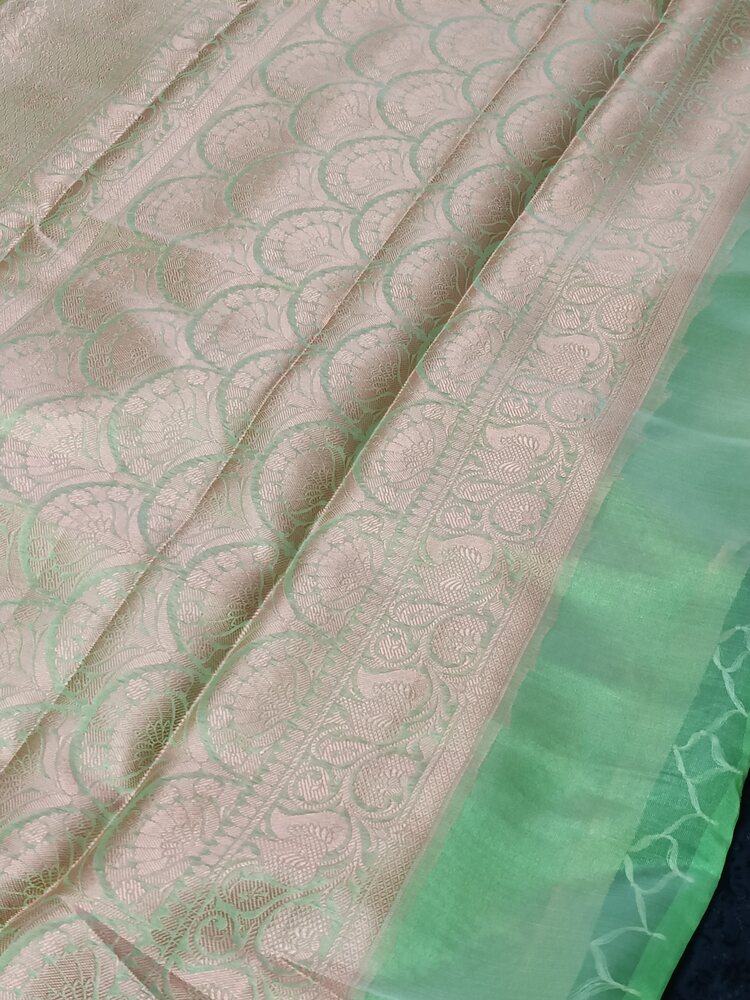 LIGHT GREEN FLORAL TANCHUI BANARASI SOFT BROCADE SILK SAREE