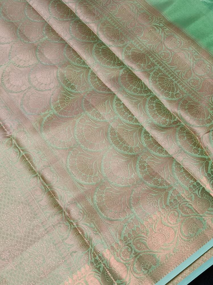 LIGHT GREEN FLORAL TANCHUI BANARASI SOFT BROCADE SILK SAREE