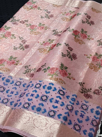 PASTEL PINK DIGITAL FLORAL BANARASI TISSUE SAREE