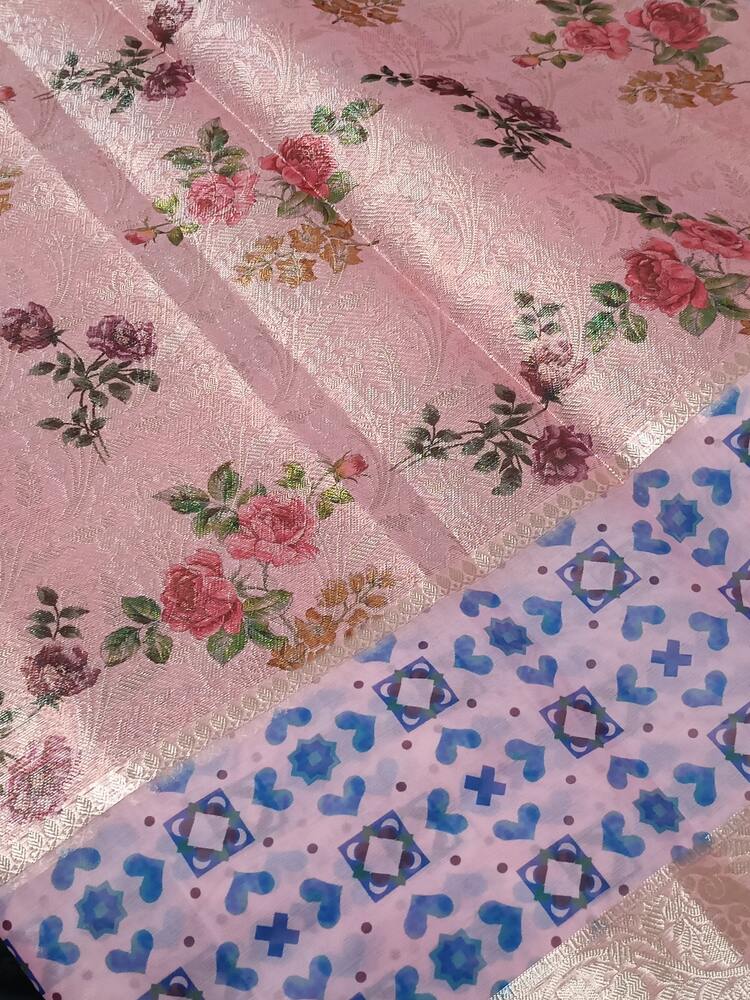 PASTEL PINK DIGITAL FLORAL BANARASI TISSUE SAREE