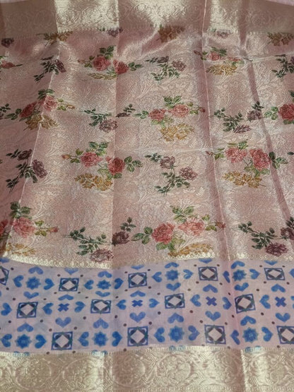 PASTEL PINK DIGITAL FLORAL BANARASI TISSUE SAREE