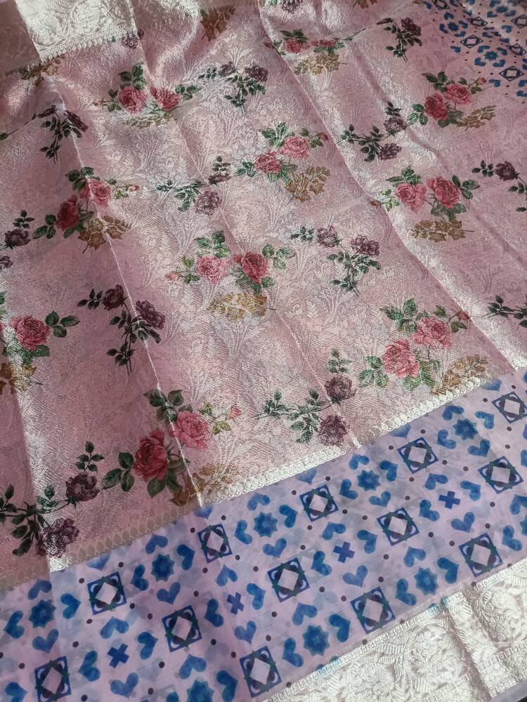 PASTEL PINK DIGITAL FLORAL BANARASI TISSUE SAREE