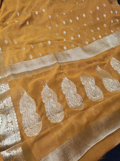 MUSTARD YELLOW BUTI BANARASI GEORGETTE SAREE