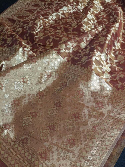 BROWN FLORAL JAAL BANARASI TISSUE COTTON SAREE