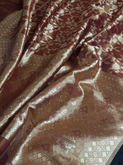 BROWN FLORAL JAAL BANARASI TISSUE COTTON SAREE