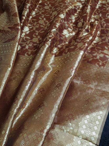 BROWN FLORAL JAAL BANARASI TISSUE COTTON SAREE