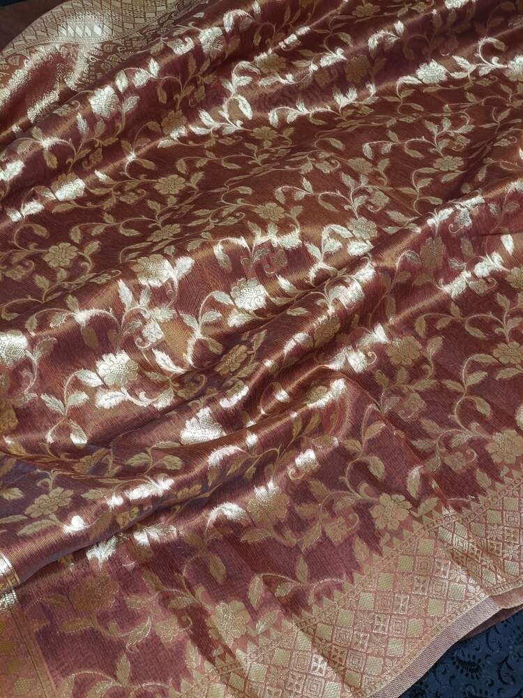 BROWN FLORAL JAAL BANARASI TISSUE COTTON SAREE