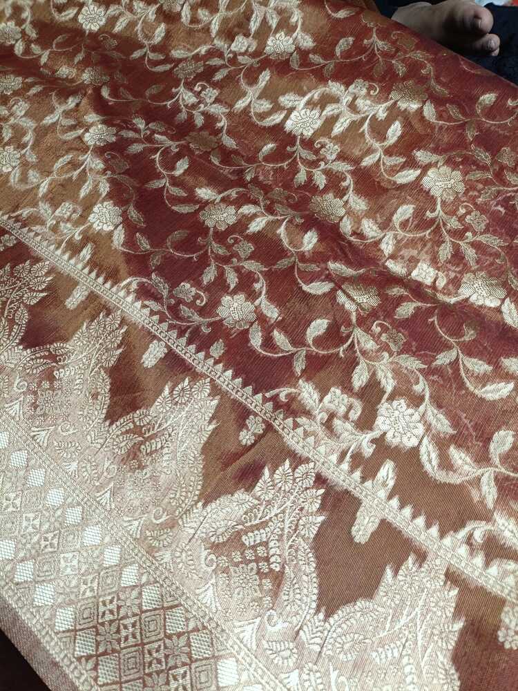 BROWN FLORAL JAAL BANARASI TISSUE COTTON SAREE