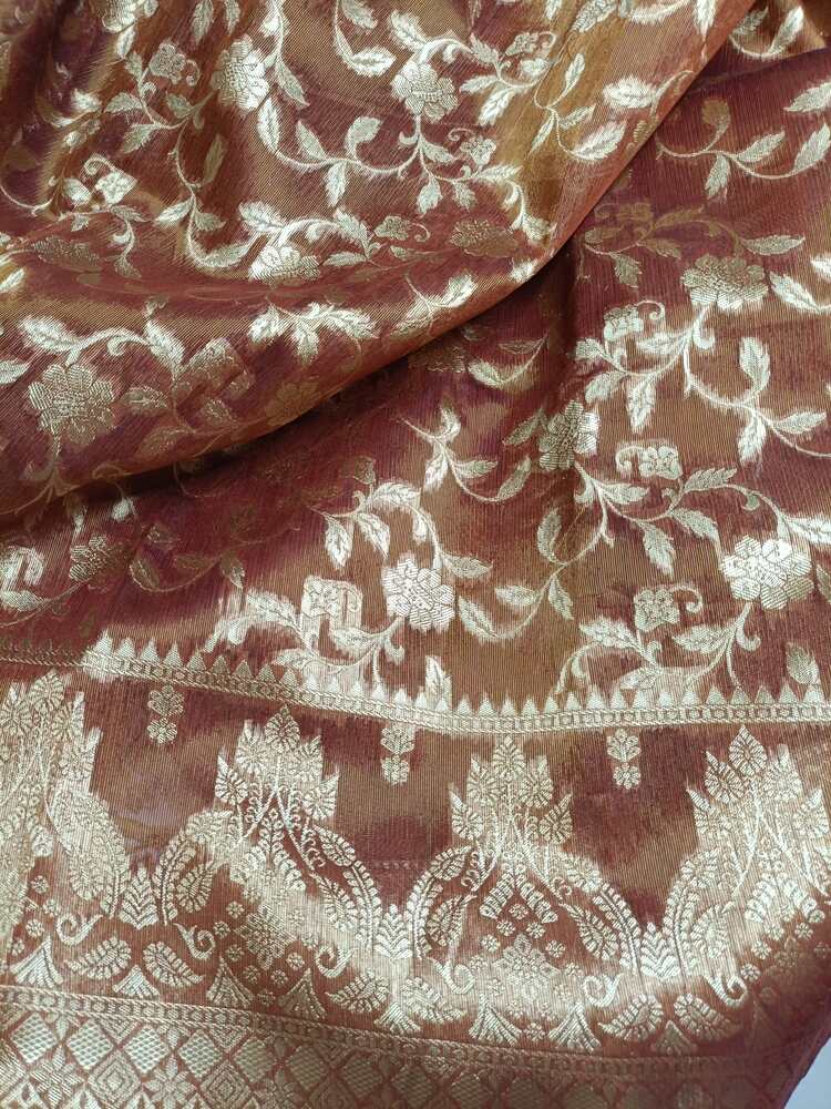 BROWN FLORAL JAAL BANARASI TISSUE COTTON SAREE