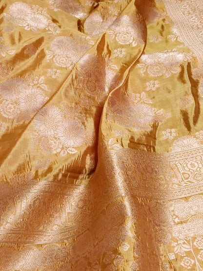 GOLDEN FLORAL BANARASI DUPION SILK SAREE