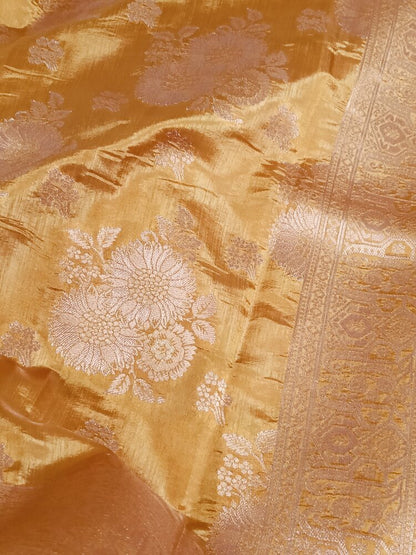 GOLDEN FLORAL BANARASI DUPION SILK SAREE