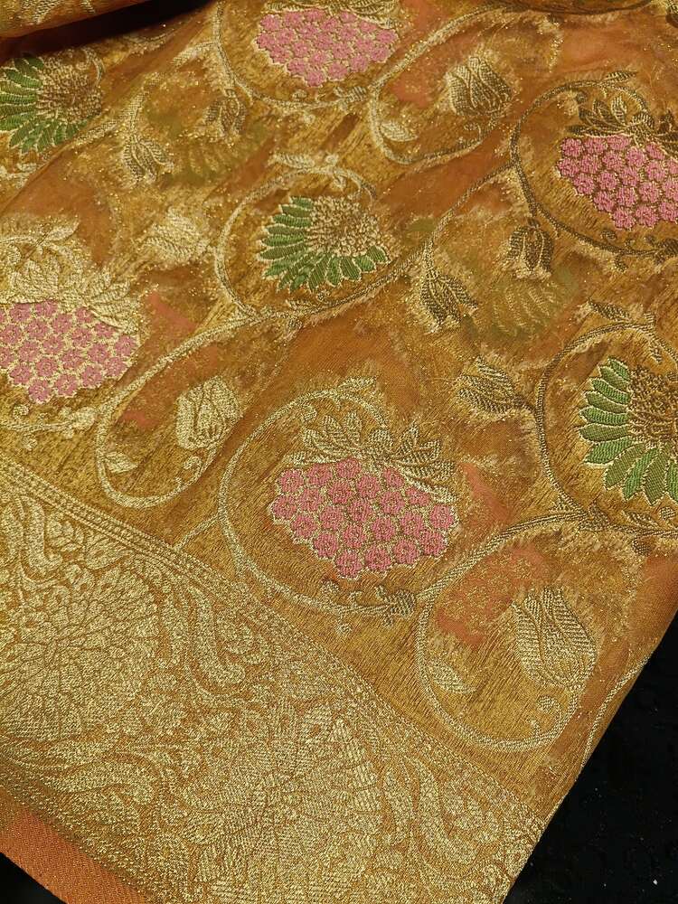 MUSTARD YELLOW MEENAKARI FLORAL JAAL PARTY BANARASI ORGANZA SAREE