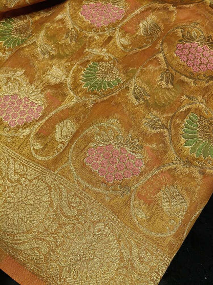 MUSTARD YELLOW MEENAKARI FLORAL JAAL PARTY BANARASI ORGANZA SAREE