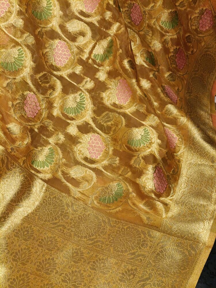 MUSTARD YELLOW MEENAKARI FLORAL JAAL PARTY BANARASI ORGANZA SAREE