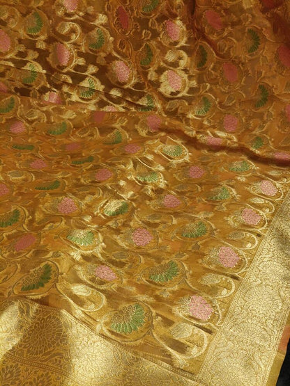 MUSTARD YELLOW MEENAKARI FLORAL JAAL PARTY BANARASI ORGANZA SAREE