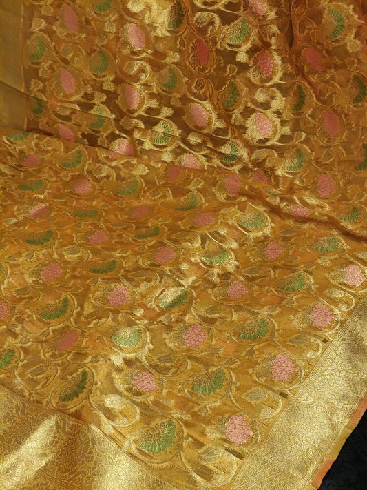 MUSTARD YELLOW MEENAKARI FLORAL JAAL PARTY BANARASI ORGANZA SAREE