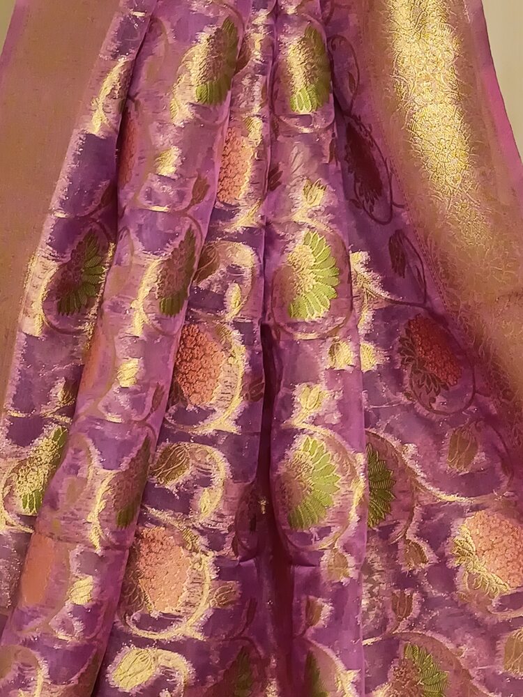 LILAC MEENAKARI FLORAL JAAL PARTY BANARASI ORGANZA SAREE