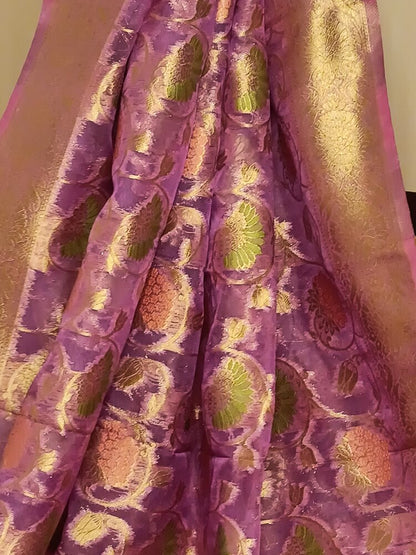 LILAC MEENAKARI FLORAL JAAL PARTY BANARASI ORGANZA SAREE