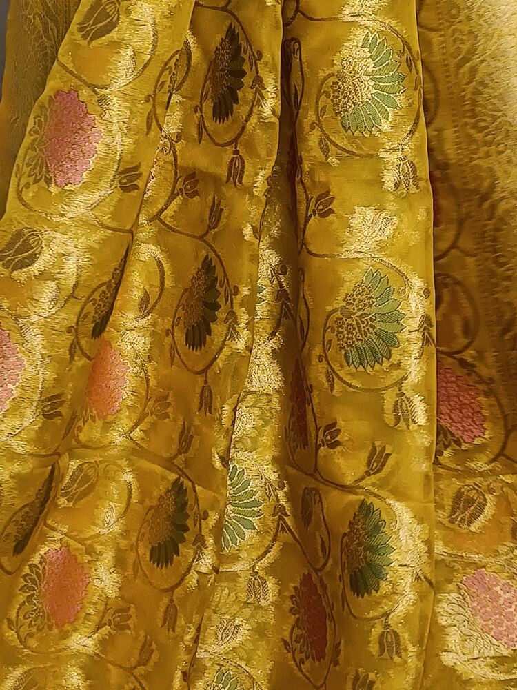 YELLOW MEENAKARI FLORAL JAAL PARTY BANARASI ORGANZA SAREE