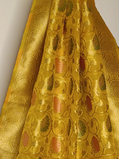 YELLOW MEENAKARI FLORAL JAAL PARTY BANARASI ORGANZA SAREE