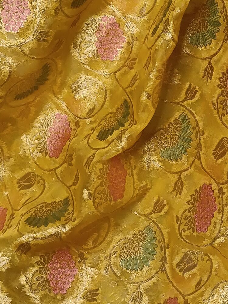 YELLOW MEENAKARI FLORAL JAAL PARTY BANARASI ORGANZA SAREE