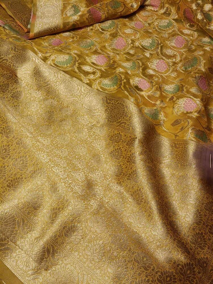 YELLOW MEENAKARI FLORAL JAAL PARTY BANARASI ORGANZA SAREE