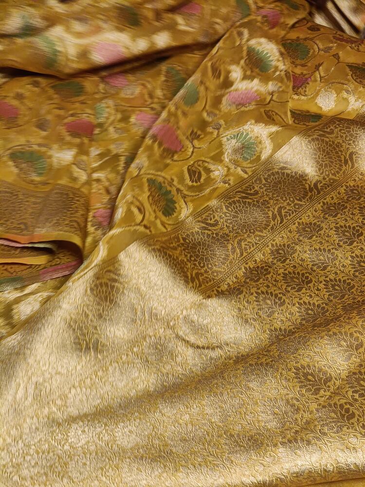 YELLOW MEENAKARI FLORAL JAAL PARTY BANARASI ORGANZA SAREE