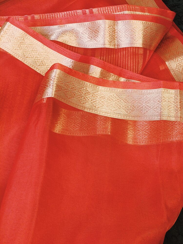 RED PLAIN BANARASI ORGANZA SAREE