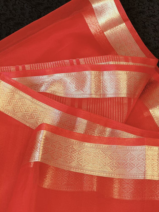 RED PLAIN BANARASI ORGANZA SAREE