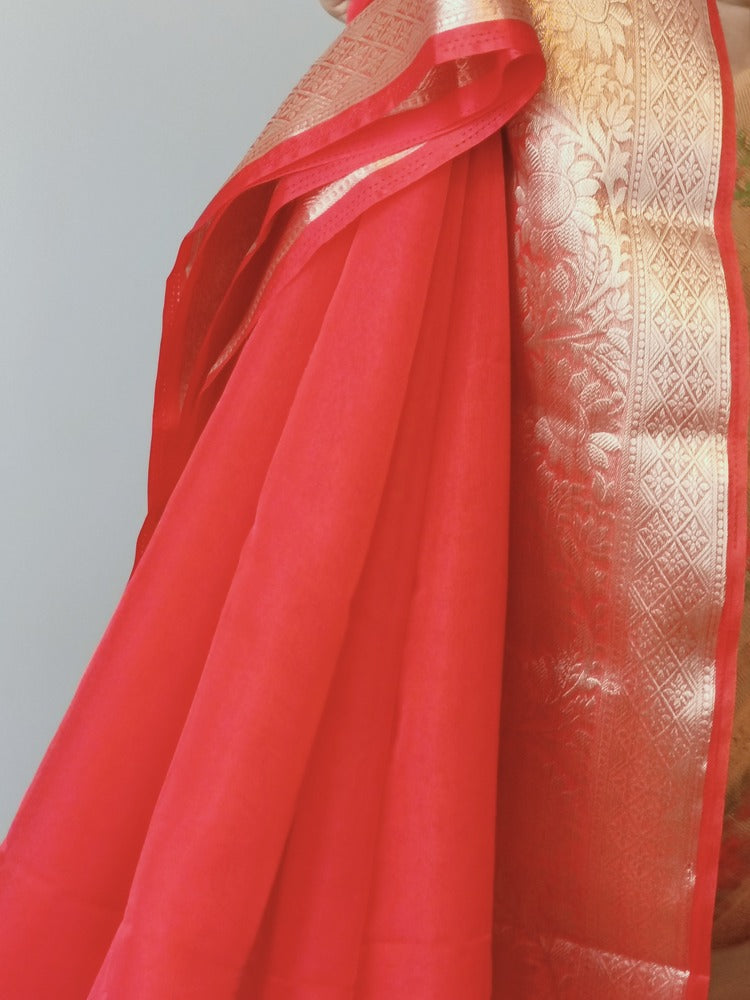 RED PLAIN BANARASI ORGANZA SAREE