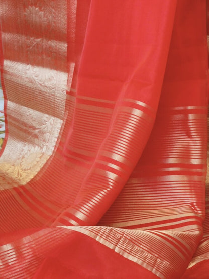 RED PLAIN BANARASI ORGANZA SAREE