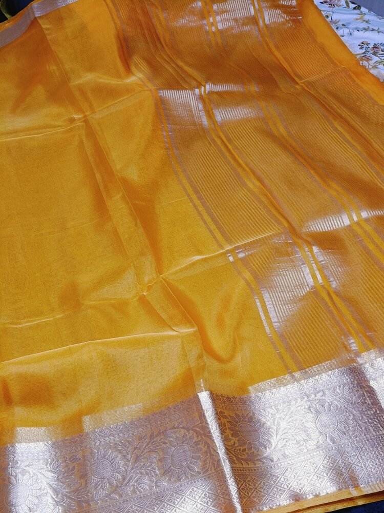 MANGO YELLOW PLAIN BANARASI ORGANZA SAREE