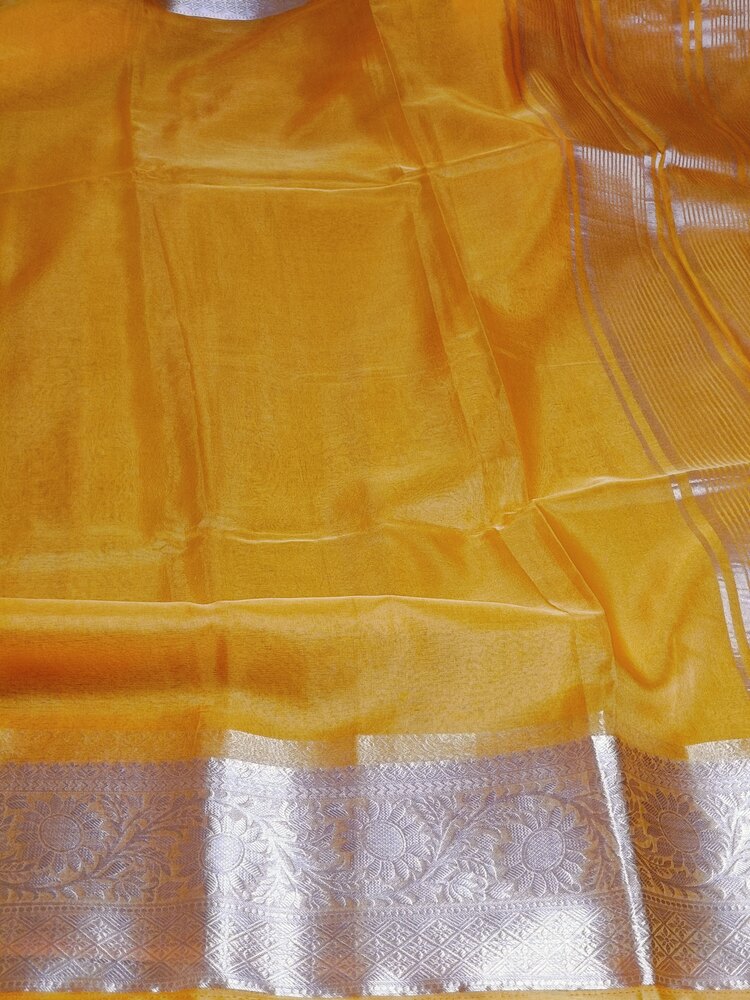 MANGO YELLOW PLAIN BANARASI ORGANZA SAREE