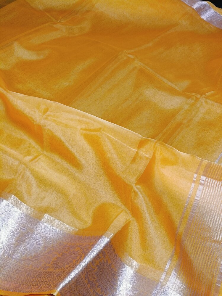 MANGO YELLOW PLAIN BANARASI ORGANZA SAREE