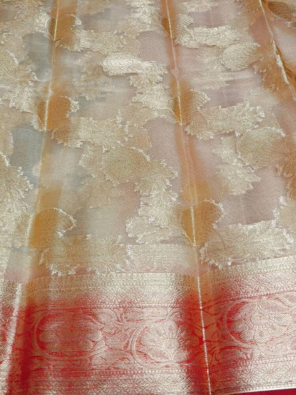 OFF WHITE LEHARIYA CONTRAST BORDER BANARASI ORGANZA SAREE