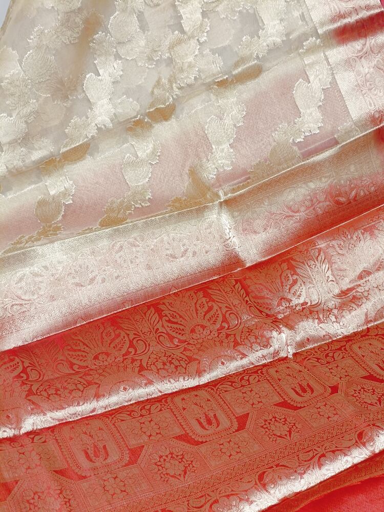 OFF WHITE LEHARIYA CONTRAST BORDER BANARASI ORGANZA SAREE